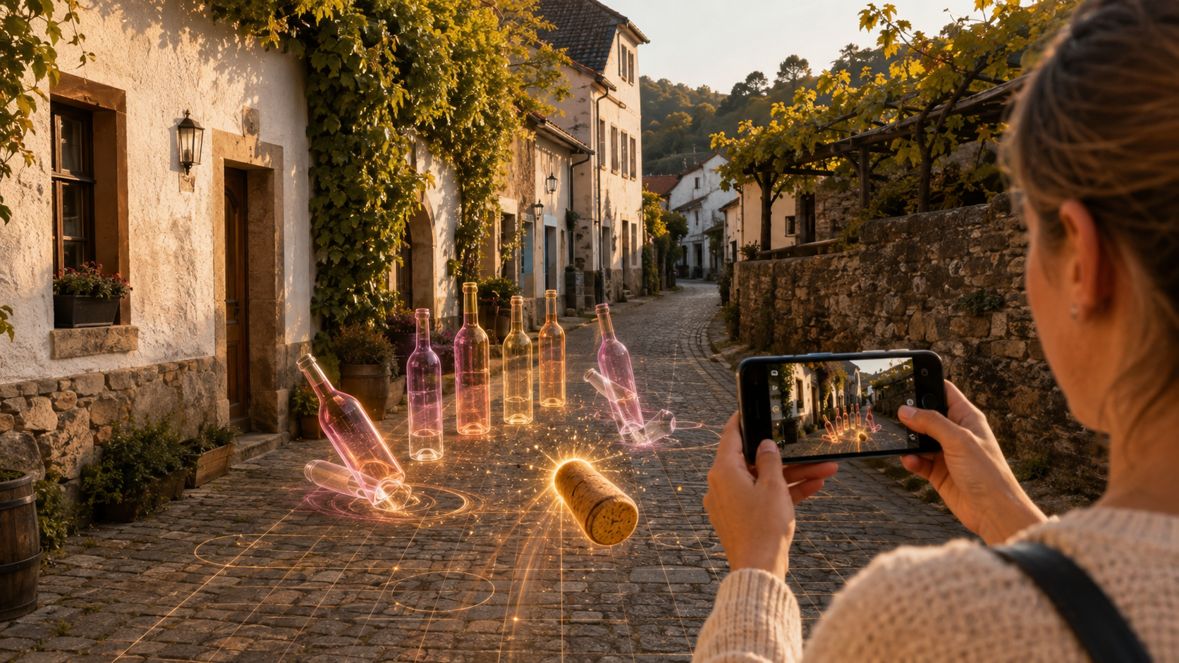 Eine Besucherin zielt in einer warm beleuchteten Seitenstraße mit einem virtuellen Korken auf leuchtende Weinflaschen